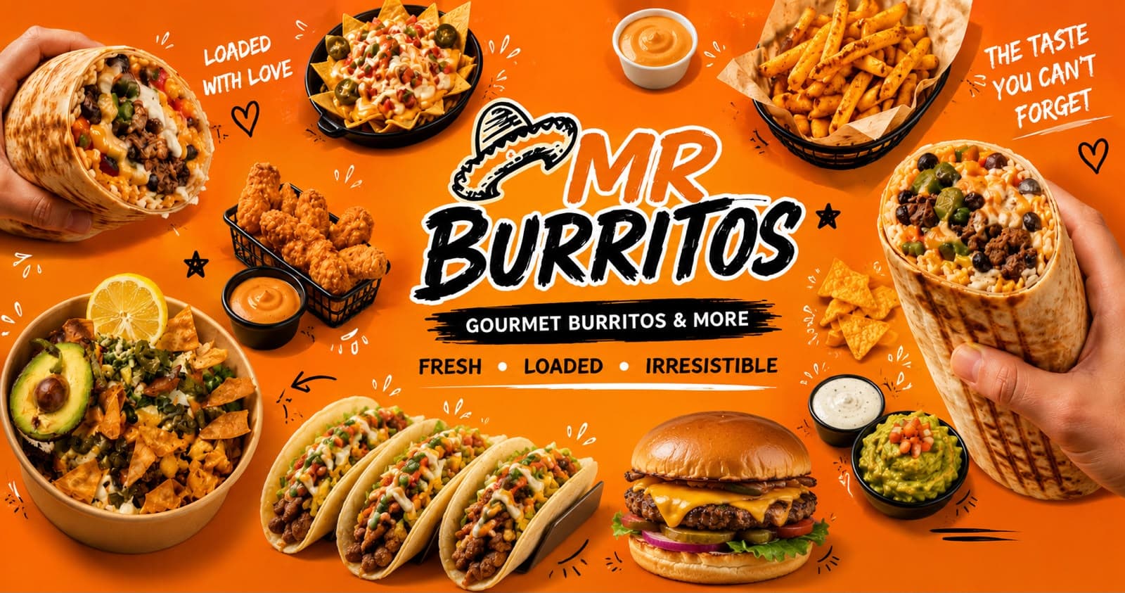 Mr. Burritos — burritos, tacos, burgers, nachos, bowls et frites